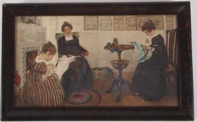 Hand-colored Lithograph, Women Sewing