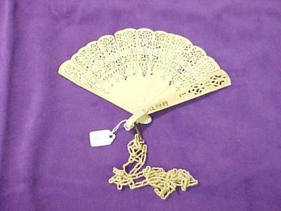 Fan, Small Ivory With Pierced Ivory Staves And Ivory Chain