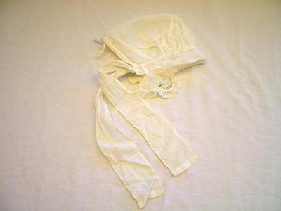 Child's Bonnet, White With Pink, Green, And Blue Embroidery