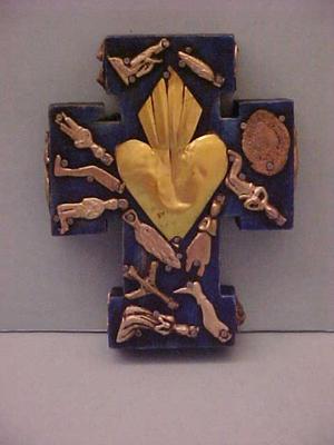 Mexican Wooden Cross With Metal Milagros