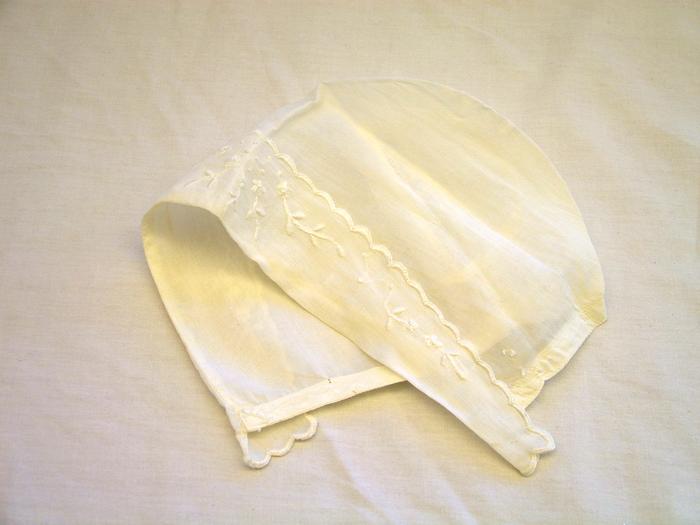 Child's Bonnet, White, Scalloped Edge And Embroidery