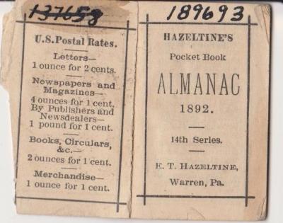 Alamanc. Hazeltine's Pockte Book Almanac For 1892