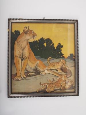 Half-toned Print of a Mother Cougar and her Three Young.