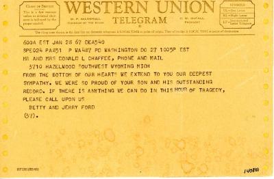 Telegram From Gerald R. Ford's Office, From Betty And Jerry Ford Expressing Condolences On The Death Of Roger B. Chaffee, Roger B. Chaffee Archive Collection #6