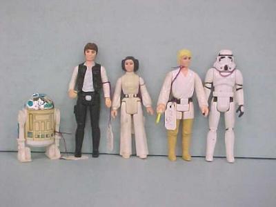 Five Star Wars Action Figures,  R2 D2, Hans Solo, Princess Leia Organa, Luke Skywalker, Imperial Storm Trooper