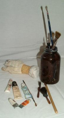 Artist Supplies, 7 Used Paint Brushes, 5 Used Tubes Of Paint, 1 Pounce Pad