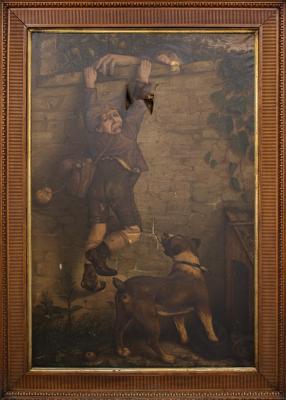 Oil Painting, 'Boy Trying To Climb The Wall And Escape The Dog'
