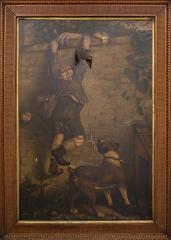 Oil Painting, 'Boy Trying To Climb The Wall And Escape The Dog'