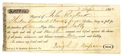 Receipt, For Purchase Of One "Negro Slave Named Sally"