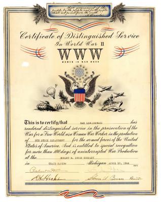 Certificate Of Distinguished Service, Women In War Work