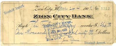 Zion City Bank Check