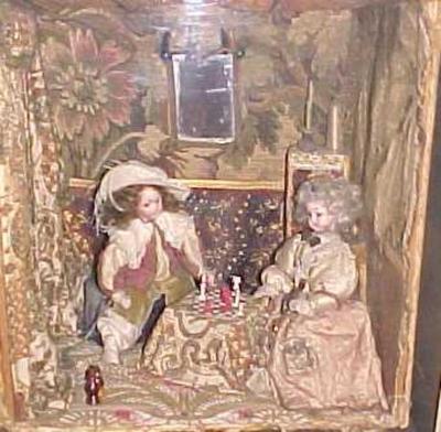Room Box, Miniatures, With Dolls Playing Chess; Repro. Of Room In Chateau Amboise In France