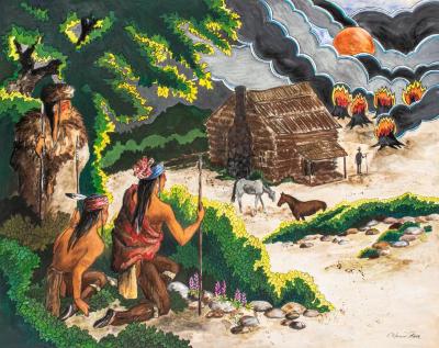 Painting, 'the Stranger:'  Three Anishinabe Men Looking At A  Cabin, Two Horses And A Man