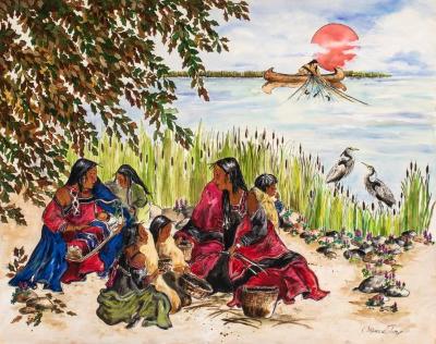 Painting, Anishinabe Women And Children Weaving Baskets