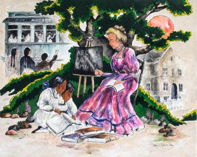 Painting, 'the Teacher:'  Two Anishinabe Girls At The Feet Of A  Non-indian Woman Teacher