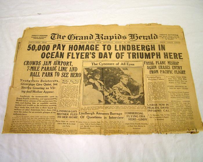 Newspaper, Grand Rapids Herald, August 13, 1927, Charles Lindbergh