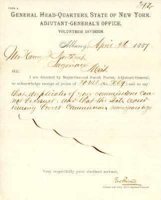 Response to request to Adjutant General State of New York for duplicates of Commissions Henry J Northrup 