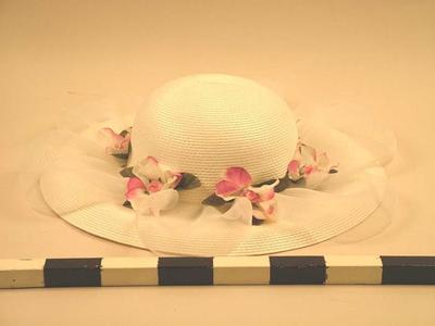 Woman's White Straw Hat With Pink Flower Decoration, Lynn Riptoe Family Archival Collection #201