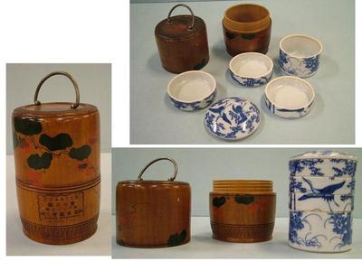 Set Of 4 Porcelain Nesting Boxes In Wood Container, Probably A Lunch Box