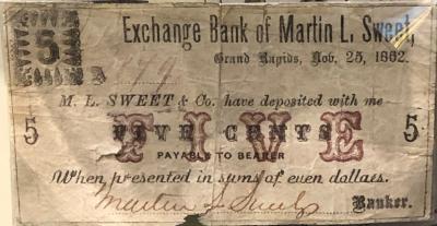 Bank Note, 5 Cents, Exchange Bank Of Martin L. Sweet, 1862