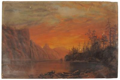 Painting, Oil, Landscape with Cliffs, River and Forest