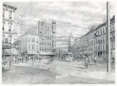 Drawing, Streets of Old Grand Rapids, Campau Square