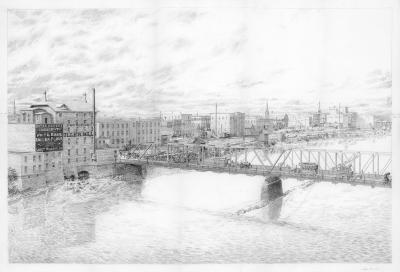 Drawing, Streets of Old Grand Rapids, Grand River