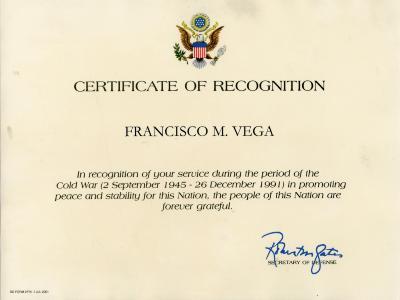 Certificate of Recognition, Cold War Service