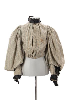 Waist Or Bodice, Cream And Blue, Leg-o-mutton Sleeves, Black Velvet Trim On Sleeves And Neck, Ca. 1895