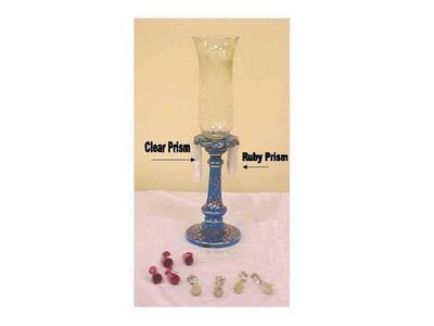 Candleholder, Blue Glass With 5 Clear And 5 Ruby Prisms And Clear Globe