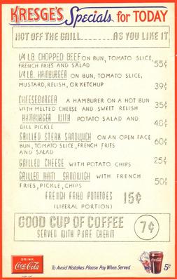 Menu, Kresge's Specials for Today