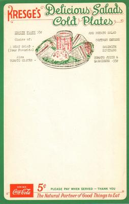 Menu, Kresge's Delicious Salads Cold Plates
