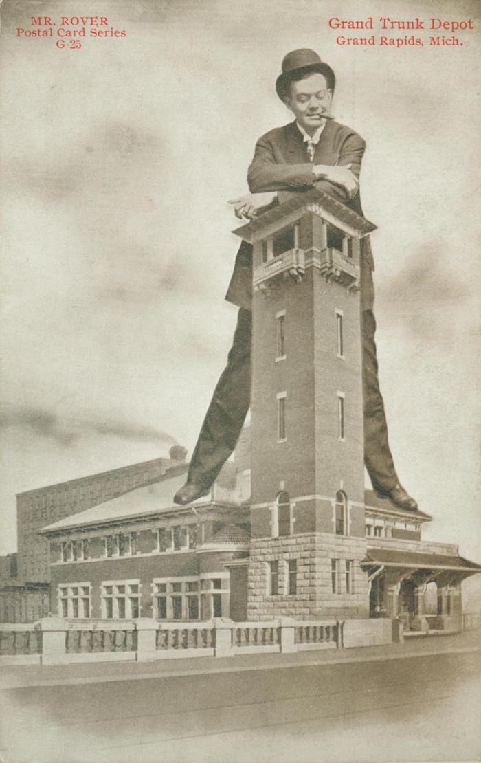 Postcard, Mr. Rover at the Grand Trunk Depot