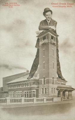 Postcard, Mr. Rover at the Grand Trunk Depot