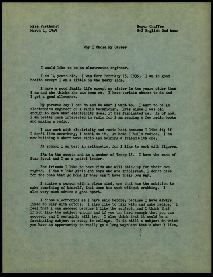 Roger B. Chaffee Essay, Archive Collection #6 