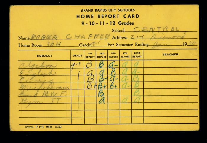 Card, Report Card Of Roger Chaffee In The 9th Grade At Central  High School, January 1950, Reproduction, Roger B. Chaffee Archive Collection #6