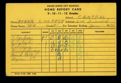 Card, Report Card Of Roger Chaffee In The 9th Grade At Central  High School, January 1950, Reproduction, Roger B. Chaffee Archive Collection #6