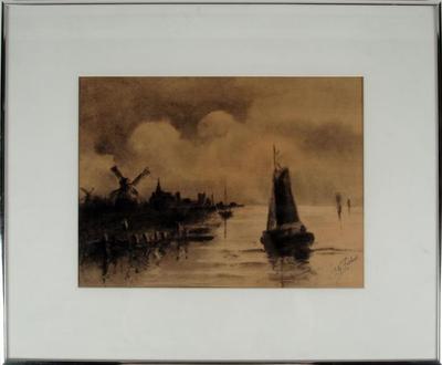 Charcoal Drawing, Harbor Scene by J. G. Fisher