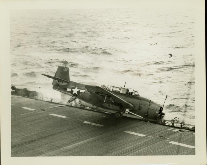 Photograph, Crash of TBM Naval aircraft piloted by Lt.(j.g.) Scannell aboard U.S.S. Rudyerd Bay