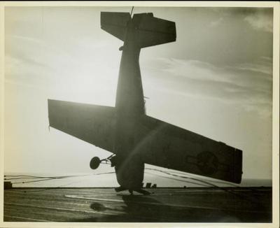 Photograph, FM1 after barrier crash, Plane #15655, Ens. Robert K. Lohman pilot, aboard U.S.S. Casablanca