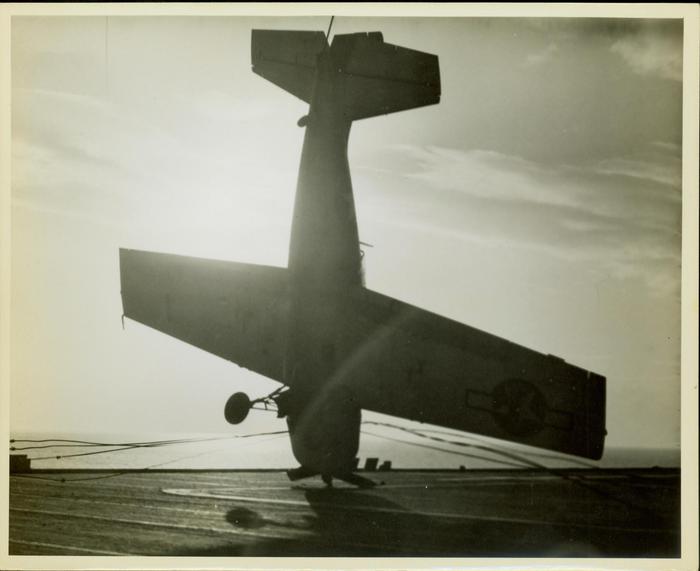 Photograph, FM1 after barrier crash, Plane #15655, Ens. Robert K. Lohman pilot, aboard U.S.S. Casablanca