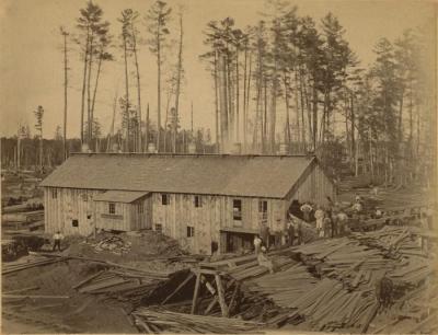 Photograph, Sawmill Building and Lumber Stacks