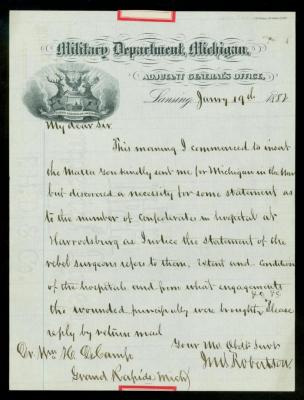 Civil War letter soliciting information for book from John Robertson to William DeCamp