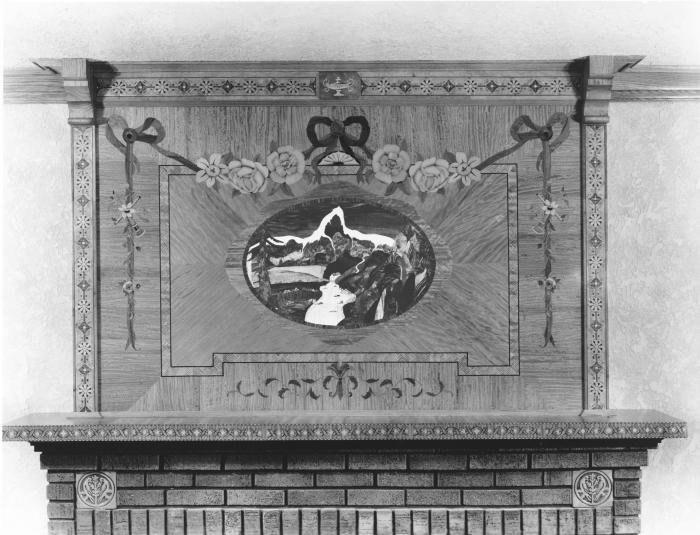 Photograph, Wood Mantel and Marquetry Landscape