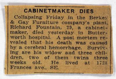 Newspaper Clipping, Obituary Notice, Grand Rapids Cabinetmaker