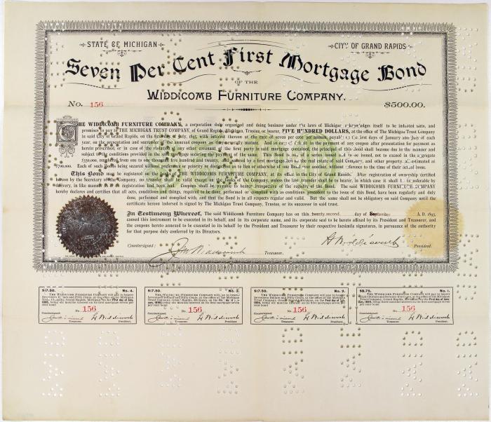 Document, Seven Per Cent First Mortgage Bond of the Widdicomb Furniture Co., No. 156, $500.00