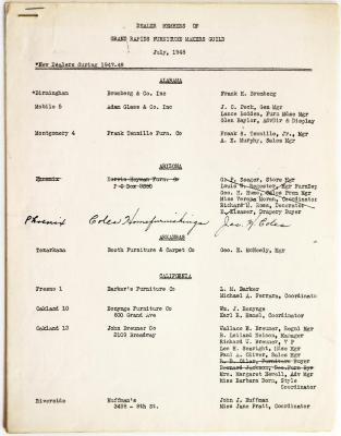 Typewritten List, Dealer Members of Grand Rapids Furniture Makers Guild, July, 1948
