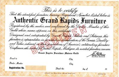 Certificate, Authentic Grand Rapids Furniture