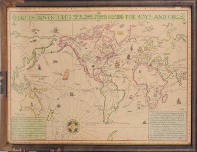 Print, Map of adventures for boys and girls : stories, trails, voyages, discoveries, explorations & places to read about.