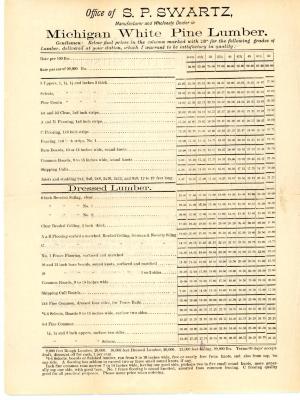 Price List, S. P. Swartz Company, Michigan White Pine Lumber and Shingles